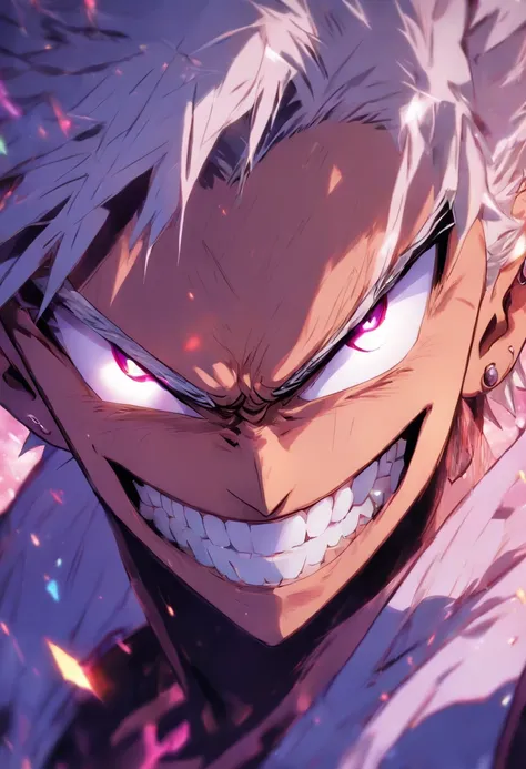 1 man,short messy white hair, purplish white eyes,grin,sharp teeth, portrait,close up of the upper body