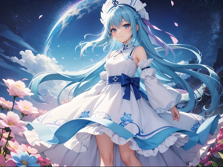 (hight resolution、ultra-detailliert、nffsw、movie)、独奏、1girl in、Happiness、girl standing in a flower field、Girl around the petals、A charming smile、full body Esbian、Long-haired girl with blue hair、lightblue hair、facing front、Fantasia、Official art、pop-art、profil...