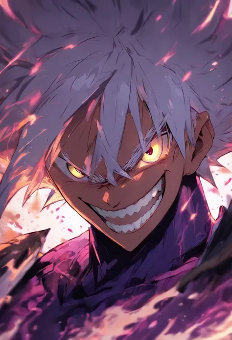 1 man,short messy white hair, purplish white eyes,grin,sharp teeth, portrait,close up of the upper body