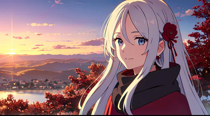 masterpiece, best quality, 1lady, solo, very long hair, white hair, blowing hair, (red flower hair ornament), earrings, light blue eyes, maroon winter coat, black Scarf, close up, look at viewer, light smile, autumn scenery, fallen leaf, sunset sky