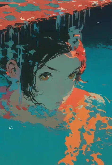 A/24 + horror + Toshio Saeki + the ring + extreme angle and perspective, ghost of a family swimming under shimmering pool + style of Balthus + Joel Peter Witkin + caustics + James Jean + subsurface scattering + ray tracing + reflective + global illuminatio...