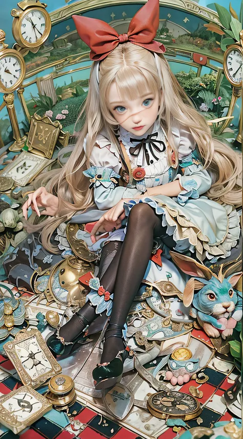 (((Masterpiece))), (((top image quality))), (((ultra-realistic depiction))), (((Alice in Wonderland in Gothic Lolita fashion))), (((diorama worldview))), Pocket watches, checkered floors, rabbits in tuxedos, kings and princesses in tramp bodies, poisonous ...