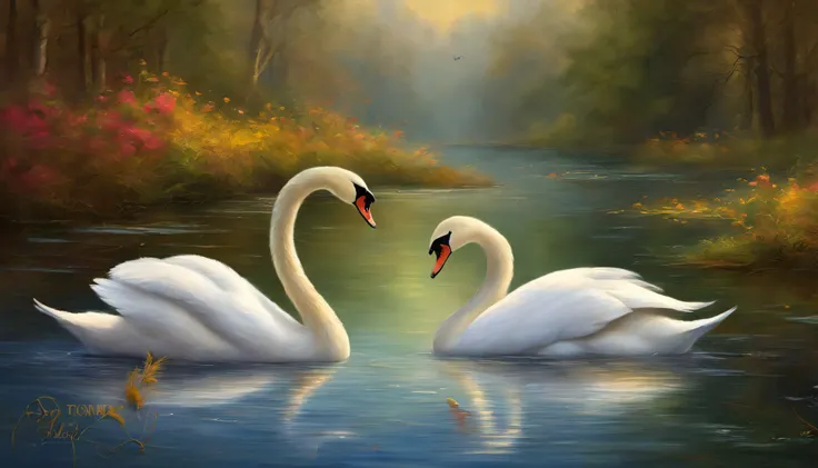 oil painting of two swans making a heart shape with their necks in the water, swans, dreamy and romantic, beautiful dreamy breathtaking, two swans swimming on the lake, very beautiful photo, swan, beautiful art uhd 4 k, beautiful nature, beautiful art, bea...