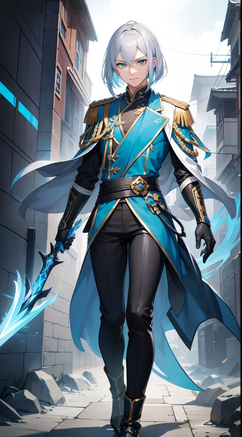 Tall guy, Silver hair in a bob, Cyan eyes, smirk, grace, Beautiful blue Chinese combat jacket, Gold Elements, black tight pants, Chinese Sword, Blue finch, Ling(Mobile Legends), hiquality, 4k, HD, Good detail