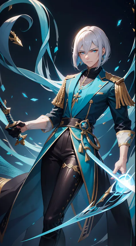 Tall guy, Silver hair in a bob, Cyan eyes, smirk, grace, Beautiful blue Chinese combat jacket, Gold Elements, black tight pants, Chinese Sword, Blue finch, Ling(Mobile Legends), hiquality, 4k, HD, Good detail