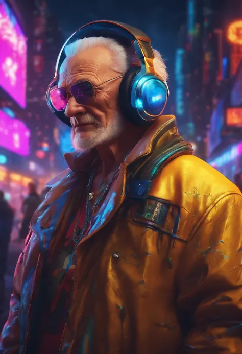 A happy old man listening a music with headphone, wearing punk suit, dancing poses, bald, fat, neon lights, cyberpunk room, detailed face and eyes, perfect anatomy, natural skin, perfect object, happy expression, ambient lighting, raw photo, ultra detailed...