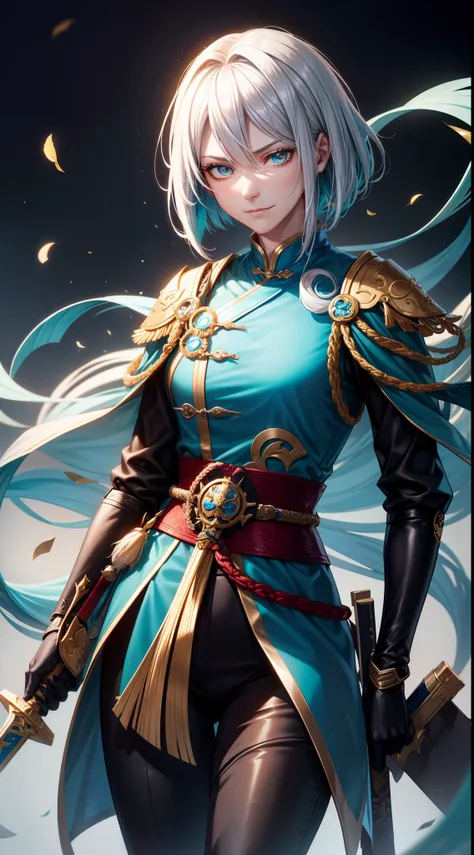 Tall guy, Silver hair in a bob, Cyan eyes, smirk, grace, Beautiful blue Chinese combat jacket, Gold Elements, black tight pants, Chinese Sword, Blue finch, Ling(Mobile Legends), hiquality, 4k, HD, Good detail