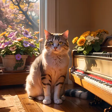 A round-eyed cat sits by the piano in the living room, flower pots, Sunlight outside the window.