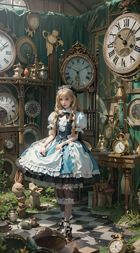 (((Masterpiece))), (((top image quality))), (((ultra-realistic depiction))), (((Alice in Wonderland in Gothic Lolita fashion))), (((diorama worldview))), Pocket watches, checkered floors, rabbits in tuxedos, kings and princesses in tramp bodies, poisonous ...