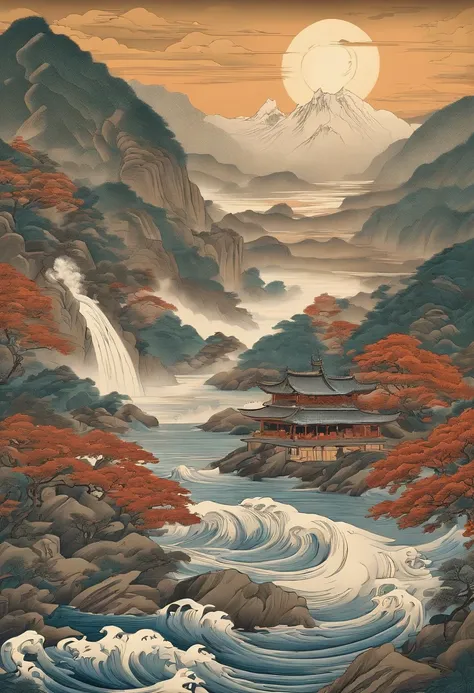 Yamakawa，rios，Sun，Mountain and Sea Skylark Scroll，Ancient mythology《Mountain and Sea Sutra》，mythological beasts，Epic composition，shadowing，National style