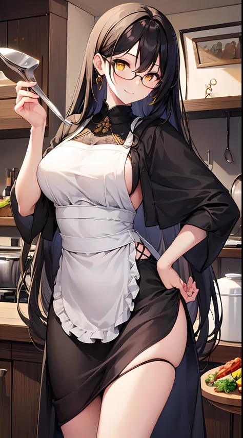 masterpiece,(bestquality),highlydetailed,ultra-detailed,{black hair} (long whitr hair)(Lateral hair)(Shawl hair)(hair straight)，(glasses),(Yellow eyes),fleshy feeling，fleshy legs,A cooking housewife, detailed kitchen utensils, delicious ingredients, high-q...