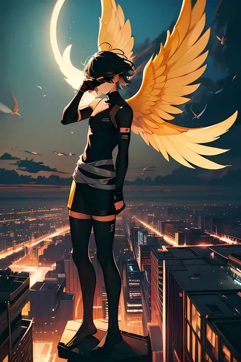 1angel guy, black hair, yellow eyes, techno like clothing, futuristic city, black bandage covering eyes