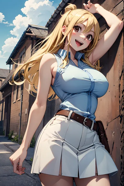 masterpiece, best quality, highres, lucy heartfilia, blonde hair, long hair, large breasts, white shirt, sleeveless, belt, blue skirt, cowboy shot, standing, looking at viewer, outdoors, waving, smile, open mouth,