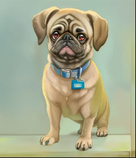 An Aravi dog with a blue tag on its collar stands in front of the wall, sad exasperated expression, Pug face, Evil pug, an ai generated image, ultra-realistic picture, portrait of ultra realistic, with a sad expression, frowning expression, Frowning, made ...