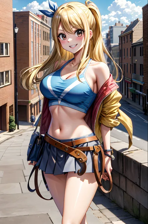 masterpiece, best quality, highres, lucy heartfilia, blonde hair, long hair, large breasts, jacket, crop top, bare shoulder, sho...