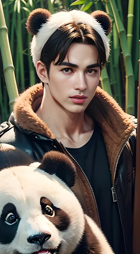 (((Men only))), ((head shot)), ((Pietro Boselli)), (((with Panda from China))), ((A panda is eating many bamboo)), ((Handsome muscular man in his 20s)), ((sunburned skin)),  (Big smile), (detaile: 1 in 1), Natural muscles, HIG quality, beautidful eyes, (De...