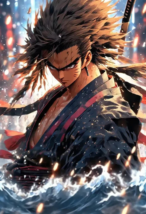 A Japanese swordsman, wearing a black haori, katana on waist, cinematic,water droplets, raining,in the middle of a battlefield, surrounded by other samurai,short spiky hair,laid back hair,scar on face