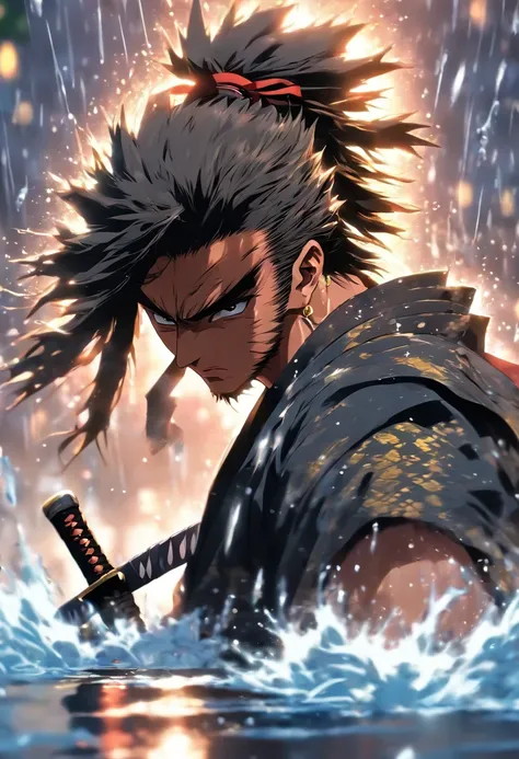 A Japanese swordsman, wearing a black haori, katana on waist, cinematic,water droplets, raining,in the middle of a battlefield, surrounded by other samurai,short spiky hair,laid back hair,scar on face