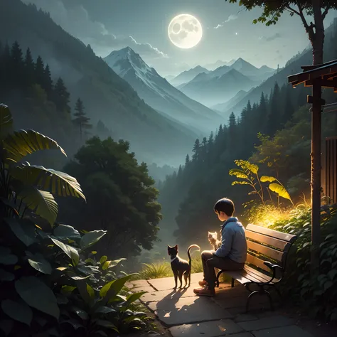 A boy, with his small cat, at late night, in the jungle,seeing the shining moon, sitting on bench, and mountain area,