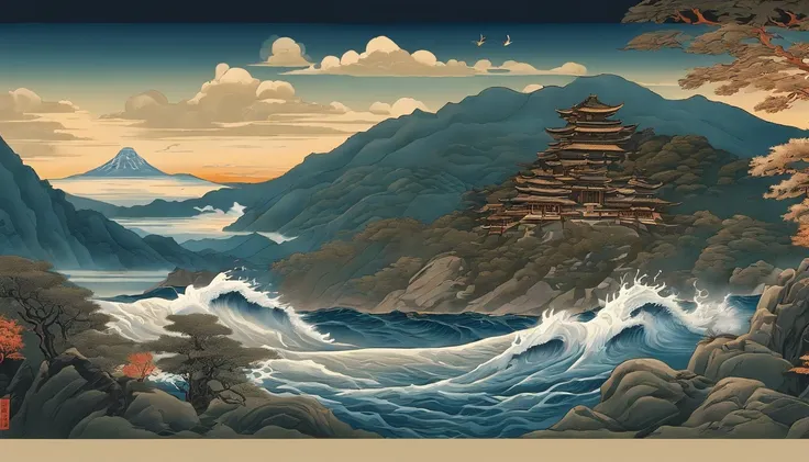 Yamakawa，rios，Sun，Mountain and Sea Skylark Scroll，Ancient mythology《Mountain and Sea Sutra》，mythological beasts，Epic composition，shadowing，National style