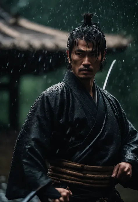 A Japanese swordsman, wearing a black haori, katana on waist, cinematic,water droplets, raining,in the middle of a battlefield, surrounded by other samurai,short spiky hair,laid back hair,scar on face