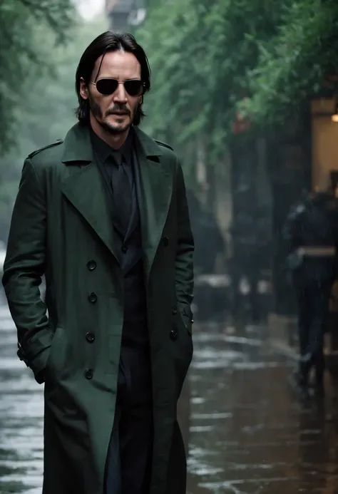 Keanu Reeves，Wears a long black trench coat，With sunglasses，heavy rain，Ready to take off，Dark green tones，Cyberpunk style