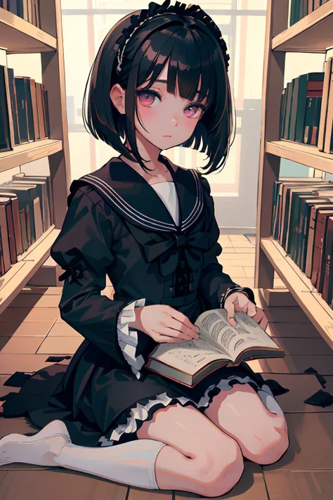 wariza，（​masterpiece，Highest Quality），(child)，((Black Lolita Clothes，Black sailor suit))，(A dark-haired，Medium bob)，Light pink eyes，embarrassed from，sleepy expression，Delicate body，atlibrary，bookstore