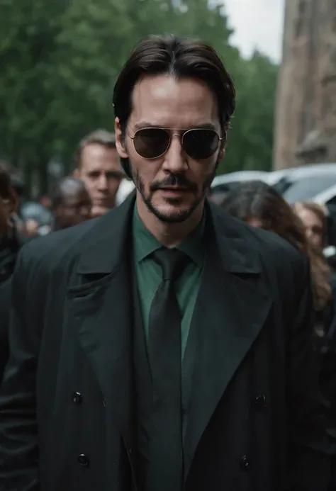 Keanu Reeves，Wears a long black trench coat，With sunglasses，heavy rain，Ready to take off，Dark green color scheme，Surrounded by a lot of agents in black suits，Cyberpunk Style