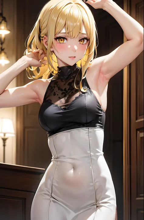 (Behind Wallenstein,Yellow hair,Long hair,Yellow eyes ),Detailed Focus:1.3, masutepiece, Best Quality, 1womanl,Woman taken from the side,Slender face,slender physique, Looking at Viewer, Cute, medium breasts, Beautiful detailed eyes, embarrassed:04,is cryi...