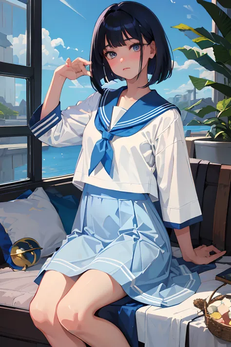 wariza，（​masterpiece，Highest Quality），(child)，((Light blue sailor suit，long  skirt))，(A dark-haired，Medium bob)，Light pink eyes，embarrassed from，sleepy expression，Delicate body，School