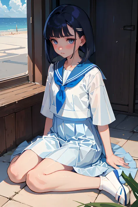 wariza，（​masterpiece，Highest Quality），(child)，((Light blue sailor suit，long  skirt))，(A dark-haired，Medium bob)，Light pink eyes，embarrassed from，sleepy expression，Delicate body，School