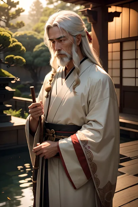 Capture a cinematic masterpiece featuring an ancient Japanese sage in 8K frames. The sage stands in a peaceful Japanese garden, Condensing the wisdom of the years. His long, A flowing white beard and hair poured down gracefully, Embodies the passage of tim...