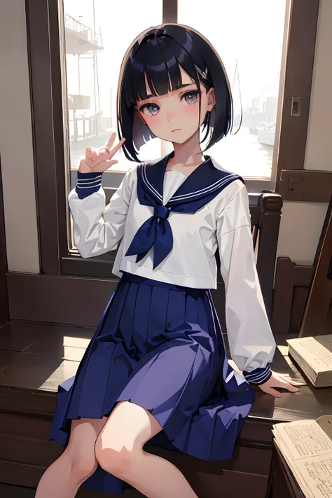 wariza，（​masterpiece，Highest Quality），(child)，((a sailor suit，Long skirt in navy blue))，(A dark-haired，Medium bob)，Light pink eyes，embarrassed from，sleepy expression，Delicate body，Schools