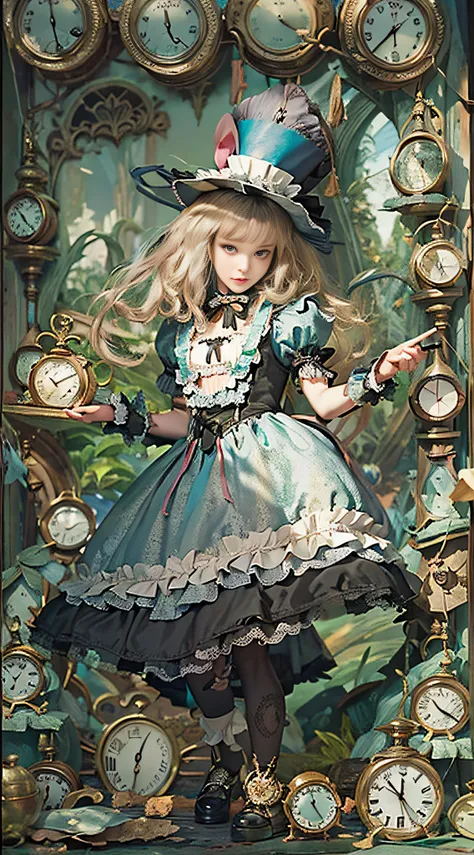 (((Masterpiece))), (((top image quality))), (((ultra-realistic depiction))), (((Alice in Wonderland in Gothic Lolita fashion))), (((diorama worldview))), Pocket watches, checkered floors, rabbits in tuxedos, kings and princesses in tramp bodies, poisonous ...