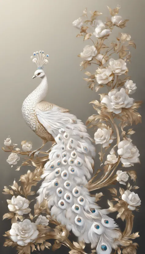 a white peacock with flowers on a branch, beautiful and graceful, beautiful and elegant, detailed beautiful tail, 8k high quality detailed art, peacock, peacock colors, peacock in the desert, peacock. intricate, blue phoenix bird, beautiful animal pearl qu...