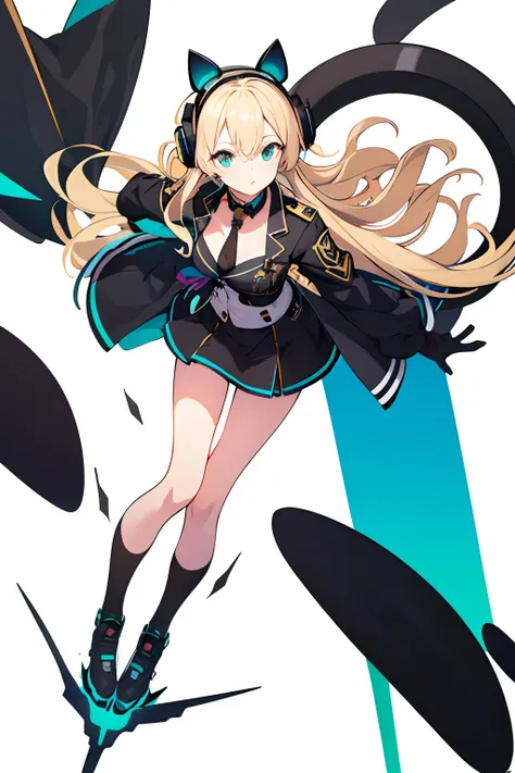 (Overhead view) masterpiece, best quality,[(White background:1.4)::5],1girl,full body, blonde, idol, black uniform, black cat headphone, teal eyes, FULLBODY