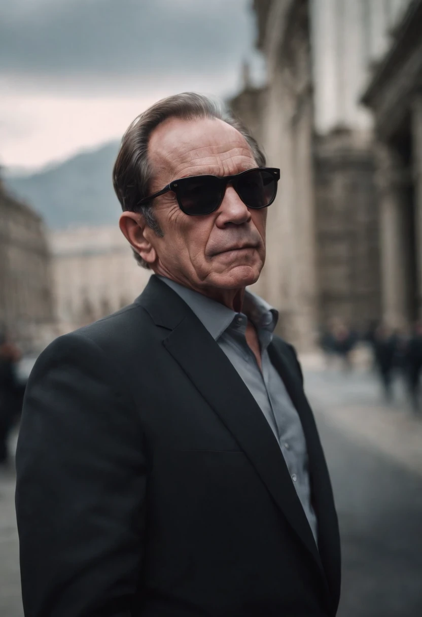 Tommy Lee Jones，wearing black suits，serious expressions，With sunglasses，There are a lot of aliens around，lightand shade contrast，The light from the back window is backlighted，dark fantasy style