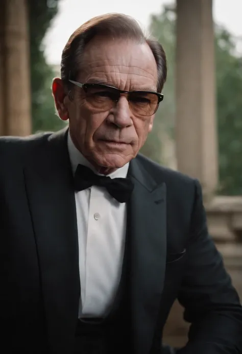 Tommy Lee Jones，wearing black suits，serious expressions，With sunglasses，There are a lot of aliens around，lightand shade contrast，The light from the back window is backlighted，dark fantasy style