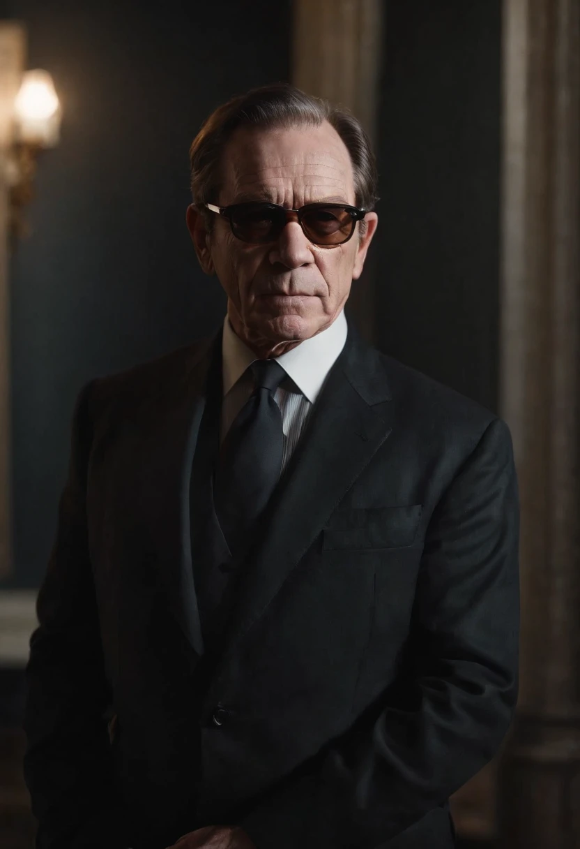 Tommy Lee Jones，wearing black suits，serious expressions，With sunglasses，There are a lot of aliens around，lightand shade contrast，The light from the back window is backlighted，dark fantasy style