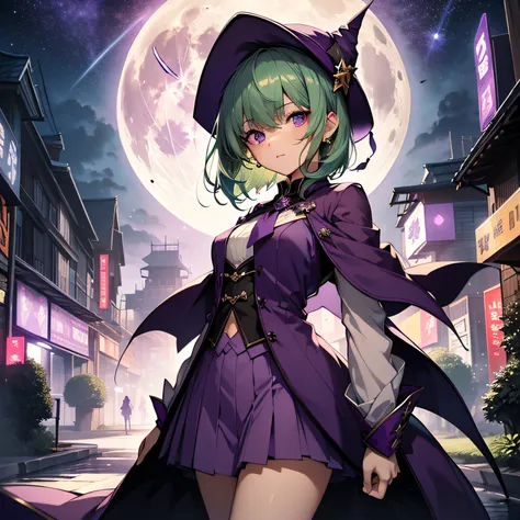 top-quality、extremely delicate and beautiful、Beautiful illustration、top-quality、(A teenage girl)、Purple Eye、Green hair、short-haired、(Purple pointy hat)、Purple tie、Soio、shortsleeves、Purple skirt、Purple Wizard Robe、Navel、is standing、Full moon night on backgr...