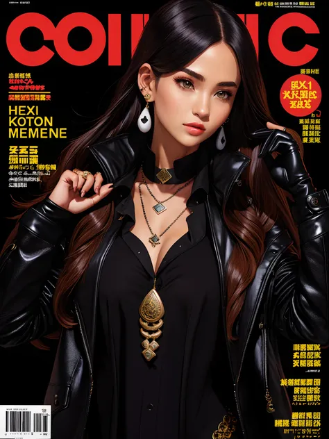 magazine scan,(magazine cover:1.2), cover text, text,( magatama necklace:1.1), wlop, 1girl, black gloves, black open jacket, cha...