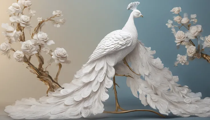 a white peacock with flowers on a branch, beautiful and graceful, beautiful and elegant, detailed beautiful tail, 8k high quality detailed art, peacock, peacock colors, peacock in the desert, peacock. intricate, blue phoenix bird, beautiful animal pearl qu...