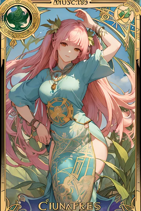 ​masterpiece、top-quality、Alphonse Mucha、jugendstil、
 (Tarot card style:1.3)、unique tarot card framework incorporating floral and greenery elements、Pink color costume、
bluntbangs、long hair with pink twin tails,,,,,、The upper part of the body、looking at the ...