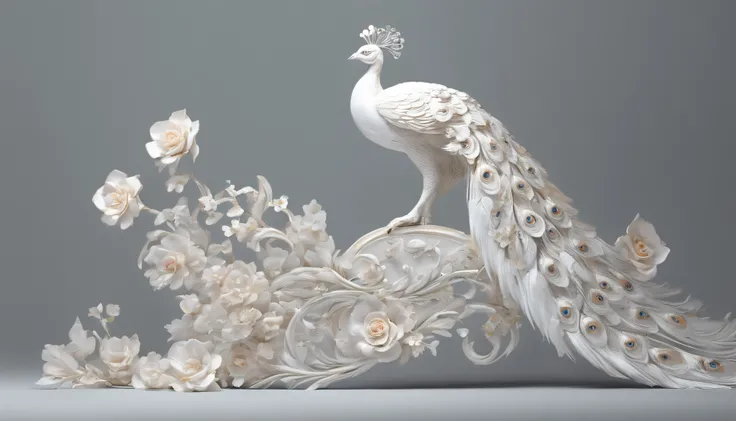 a white peacock with flowers on a branch, beautiful and graceful, beautiful and elegant, detailed beautiful tail, 8k high quality detailed art, peacock, peacock colors, peacock in the desert, peacock. intricate, blue phoenix bird, beautiful animal pearl qu...