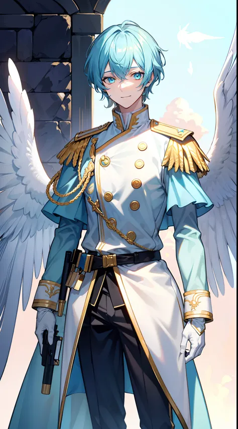 Tall guy, Short pigeons, Cyan eyes, ssmile, Beautiful white soldiers uniform, Gold Elements, Two magic pistols, hiquality, 4k, HD, Good detail