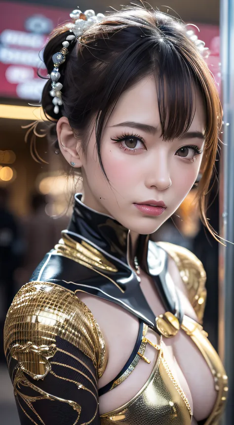 Photo of female android in mid 20s Japan made of shiny white and silver translucent glass and plastic, Geisha makeup and hairstyle, Silver metal internal body mechanism, Dynamic Pose, Flowing organic structure, Glowing golden circuit, Colorful neon trim, L...