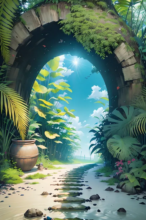 Ultra-realistic scenes, Parallel worlds, Otherworldly plants in the tropics are gods, cult, tropical flowers, Unusual art, unique art, Summer blue sky background, Sunlight, Bright sunlight, blender, Product rendering, HD8K.