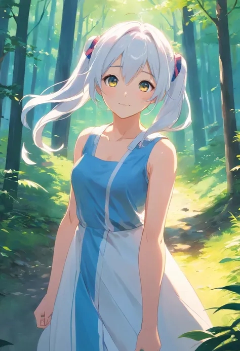 super cute, White hair with two pigtails, tricolor leather (blau, A white, yellow), Long pink dress with a white stripe in the middle, Black Eyes, Sits, Joyful, in the woods