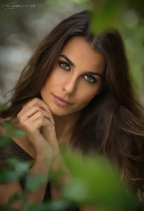 fille brune, yeux vert, latina, 25ans regarde vers la camera, naturel,  yeux en amandes nez fins