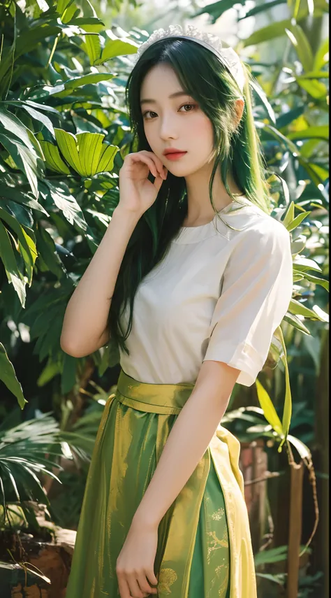 The prompt generated based on the given theme is as follows:

"(best quality, 4K, 8K, highres, masterpiece:1.2), ultra-detailed, (realistic, photorealistic, photo-realistic:1.37), bokeh, green-haired beauty, vertical yellow pupils, antlers, maid outfit, so...